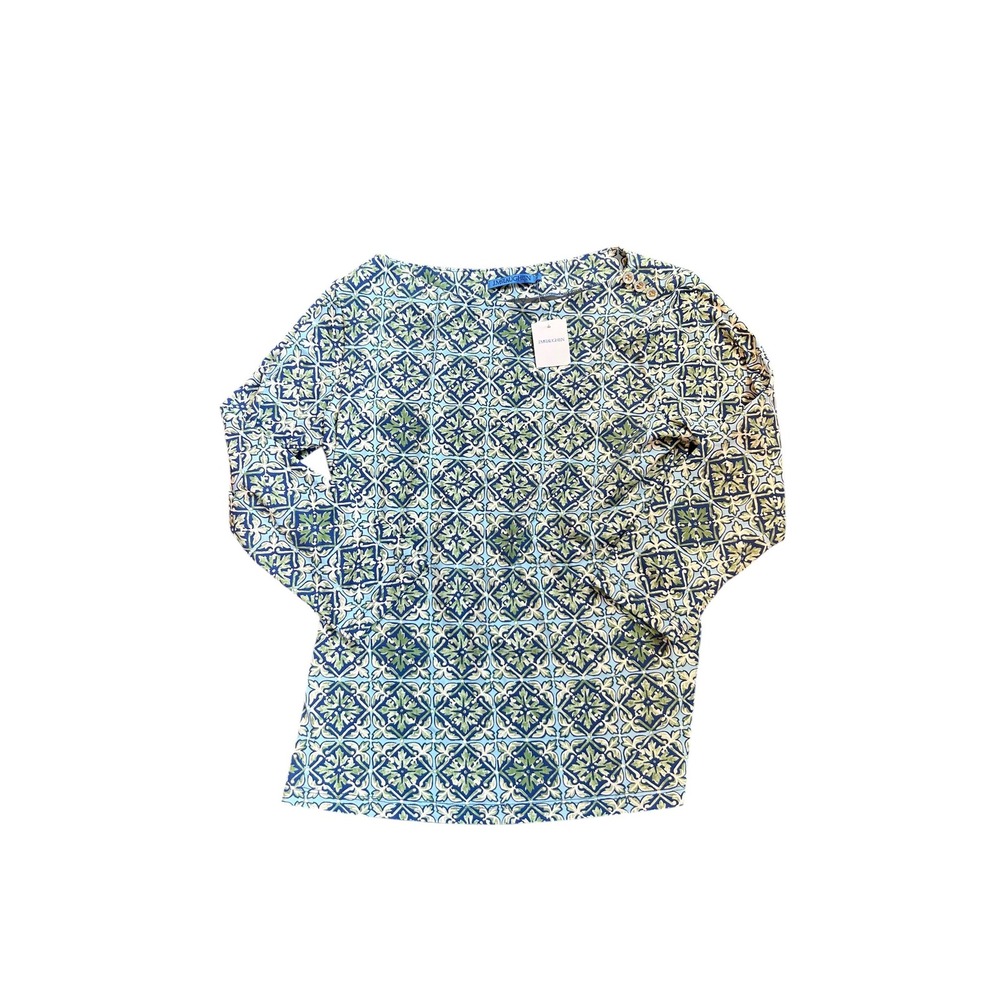 J.McLaughlin Wavesong Boatneck Tee Blue Green Garden Mosaic Tile Print Top S NWT